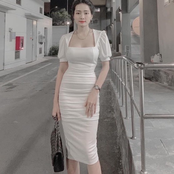 Đầm body umi cổ vuông tay bồng dáng dài 2 màu siêu xinh, Váy ôm nữ dự tiệc tay ngắn phồng đẹp | BigBuy360 - bigbuy360.vn