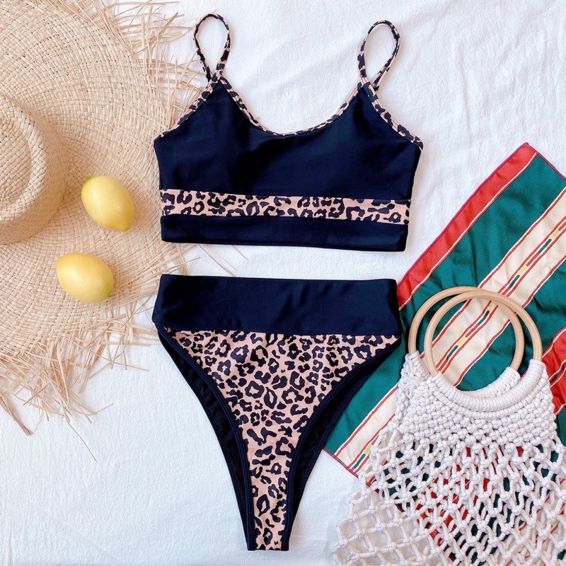 [BKN819] &lt;ÂU&gt; SET BIKINI CẠP CAO ĐEN MIX MÀU HỒNG/BEO (CẠP CAO)