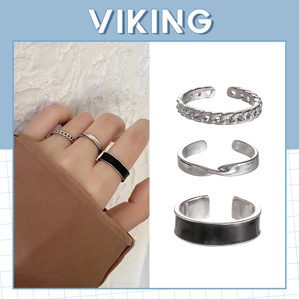 Set Nhẫn Nữ 3 Chiếc Màu Đen Phong Cách Retro R35