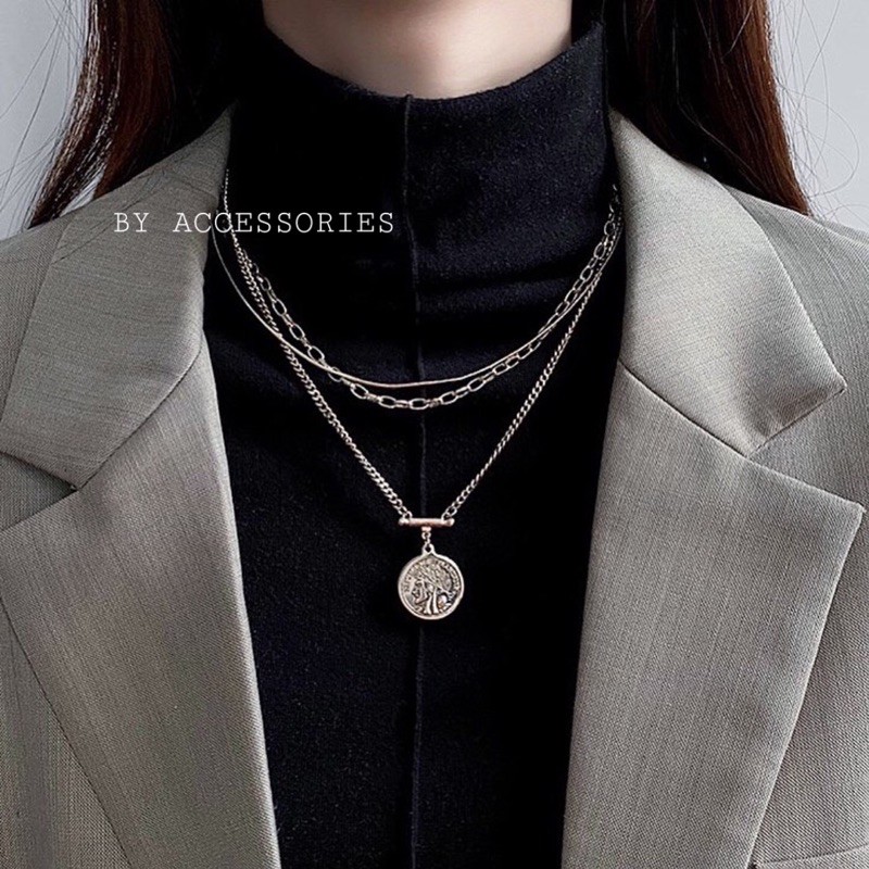 Set dây chuyền titan 3 tầng đồng xu vintage không gỉ