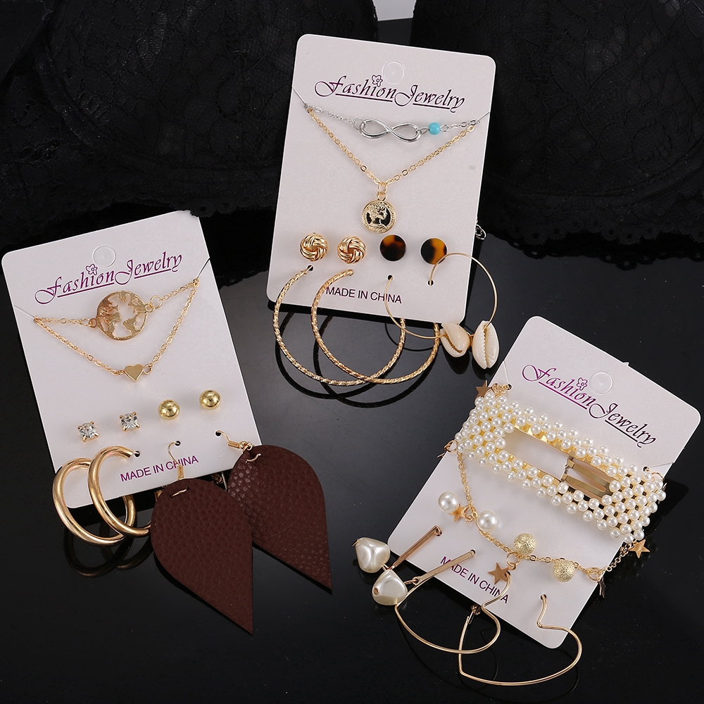 Bộ Dây Chuyền + Khuyên Tai + Kẹp Tóc Hishop Đính Ngọc Trai Nhân Tạo Cho Nữ