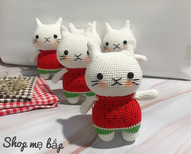 Mèo nhồi bông dưa hấu cute Thú bông len handmade đồ chơi cho bé , Chart móc thú