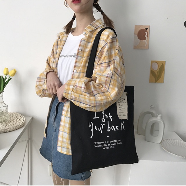 Túi vải túi tote canvas màu đen chữ ( Don’t Worry )