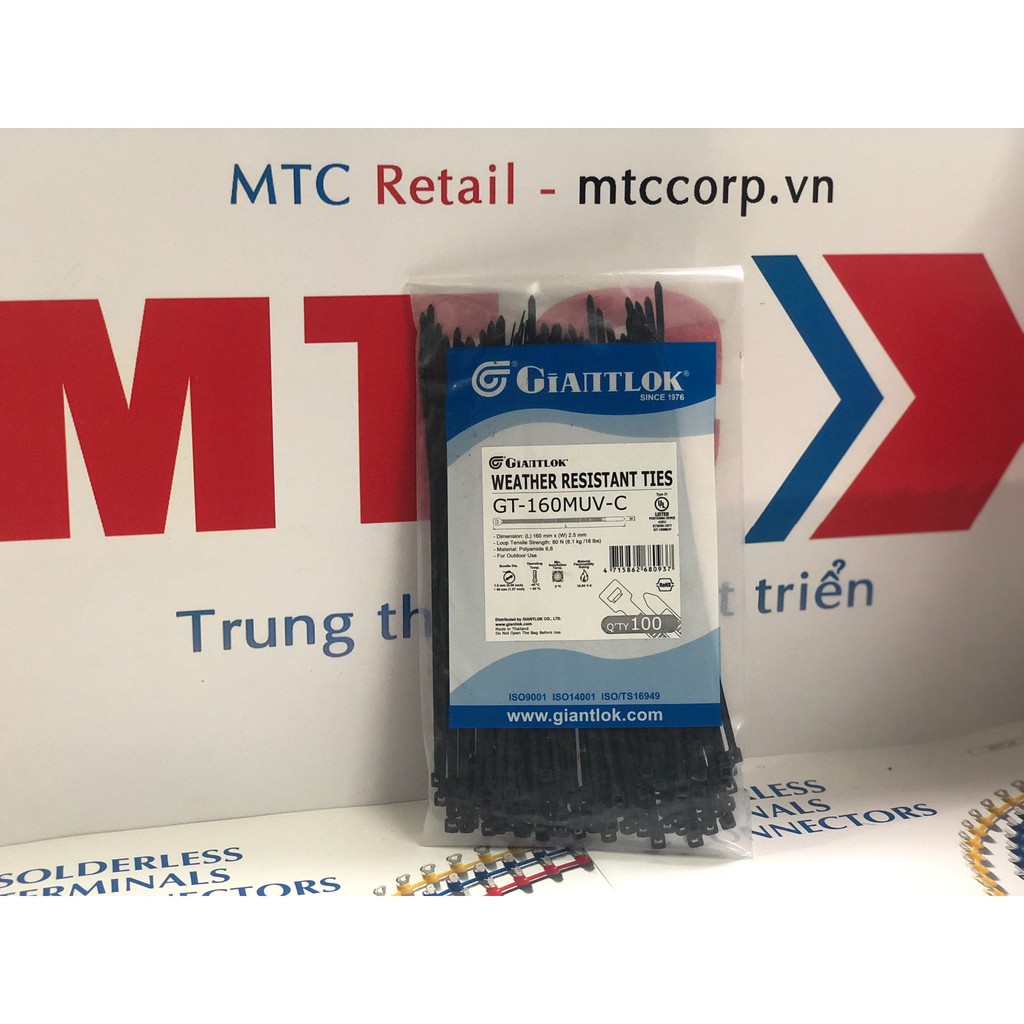 Túi 100 Dây thít, dây rút nhựa màu đen 160×2.5mm chống tia UV GT160MB-UV nhập khẩu Giantlok-Thái Lan