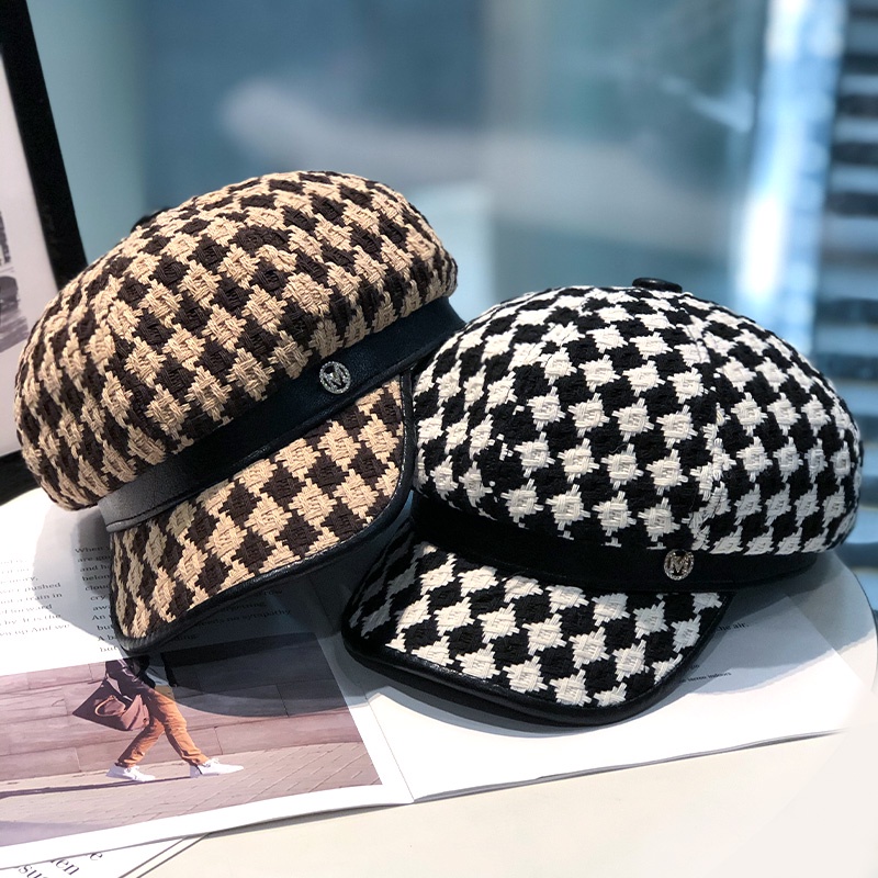 Mũ Beret Dệt Kim Họa Tiết Caro Phong Cách Retro Anh Quốc Dễ Phối Đồ Cho Nữ
