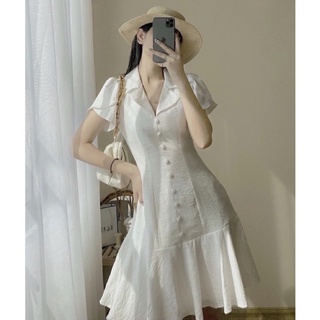Đầm váy trắng nút bọc tay sen có ảnh thật freesize