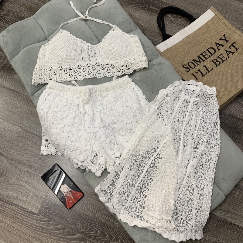 Ren 06-Hàng Quảng Châu -Set Ren Bikini Đi Biển Gồm 3 Món -Có Bán Tách Rời chất Ren Móc Cực Đẹp