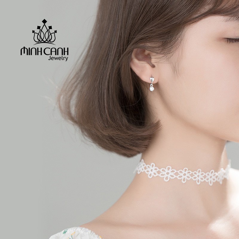 Khuyên Tai Bạc Tim Tròn Nhỏ Treo Đá Minh Canh Jewelry