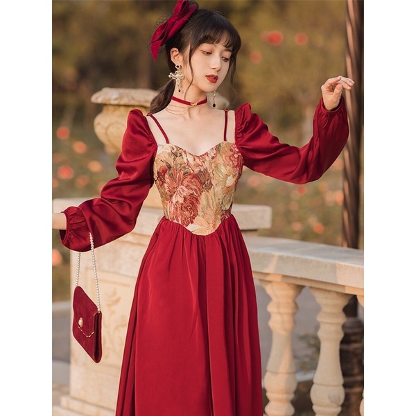 Váy vintage tiểu thư lụa đỏ phối vải bố