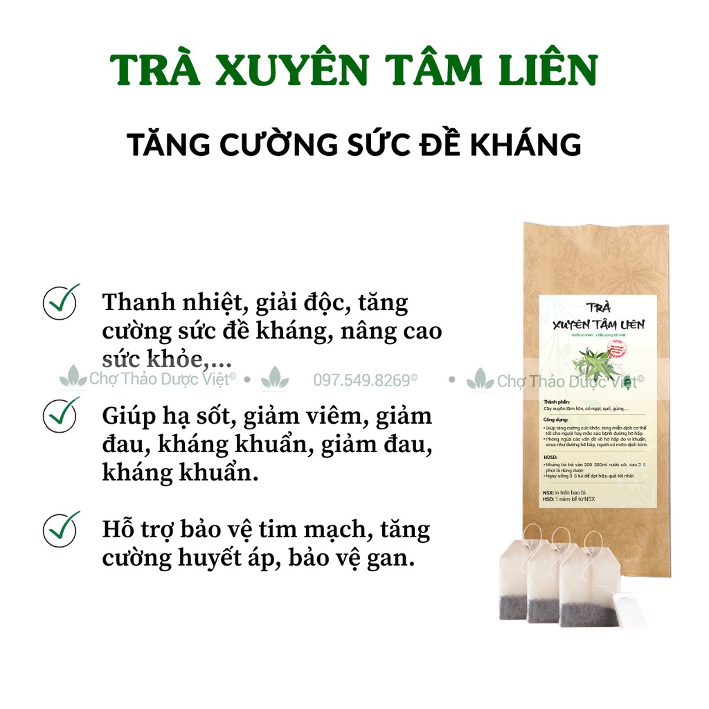 Trà xuyên tâm liên túi lọc (Giải cảm, bảo vệ đường hô hấp, tăng cường sức đề kháng) - Chợ Thảo Dược Việt