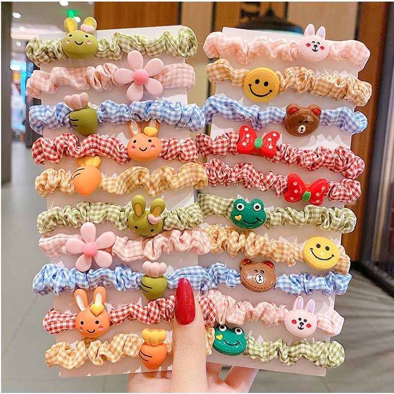 Set 10 dây cột tóc vải sọc caro hoạt hình đáng yêu hàn quốc CB05