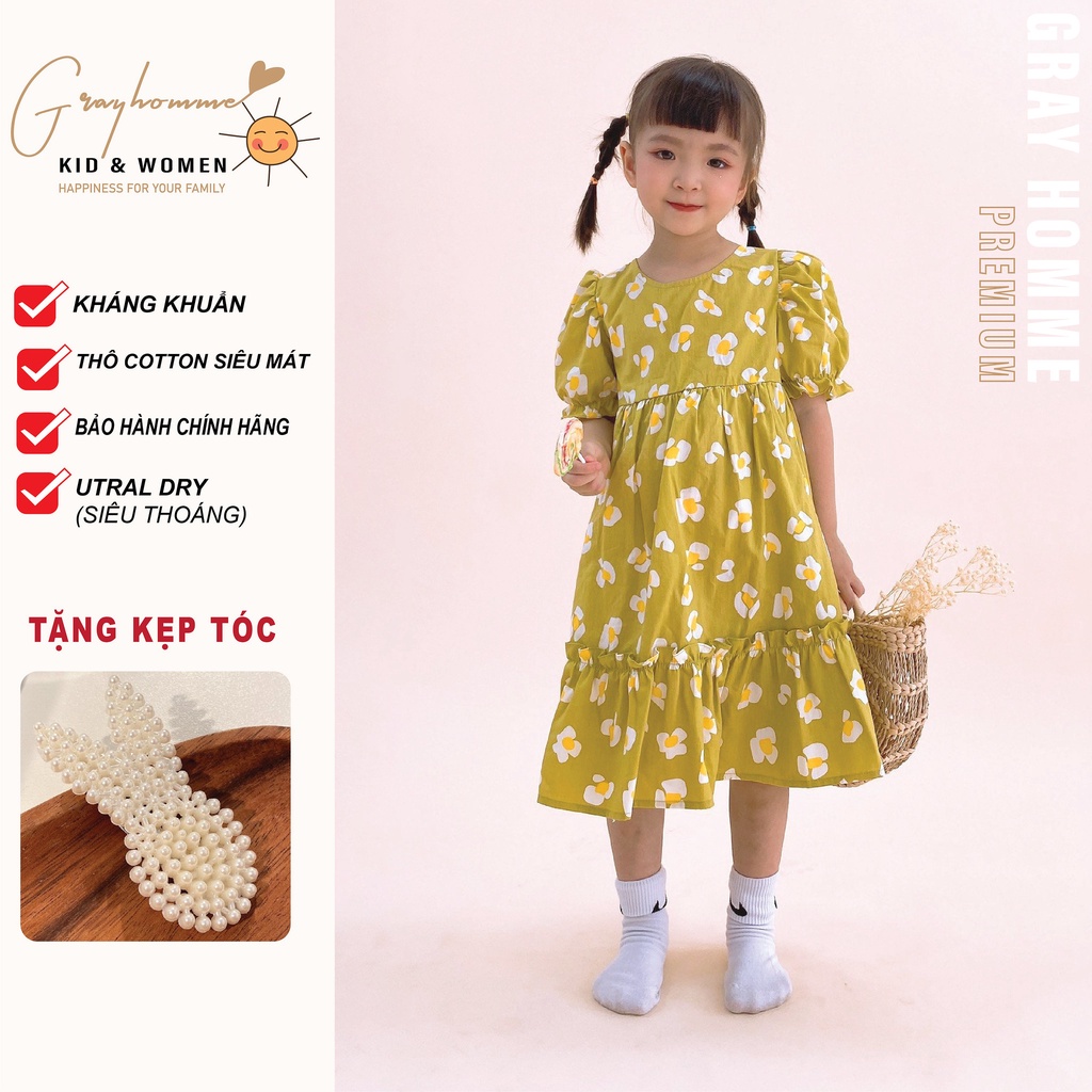Váy bé gái GRAYHOMME họa tiết hoa nhí, dáng rộng, chất Thô cotton thoáng mát thấm hút mồ hôi tốt (VK002)