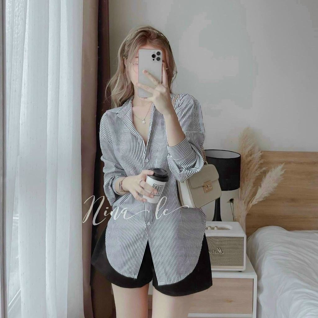 [9.9 Sales Freeship] Set áo sơ mi kẻ sọc tay dài phối quần short đùi phồng,set đùi basic sọc đi chơi đi biển xinh xắn dx