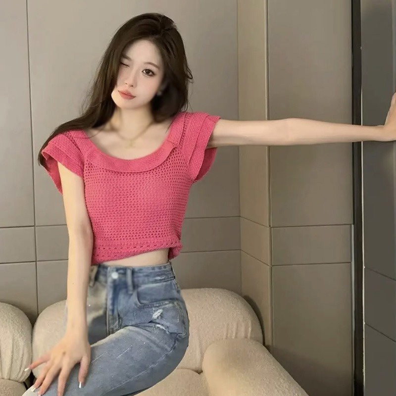 Áo Thun Tay Ngắn Cổ Tròn Thiết Kế Đục Lỗ Thời Trang Ngọt Ngào Cho Nữ