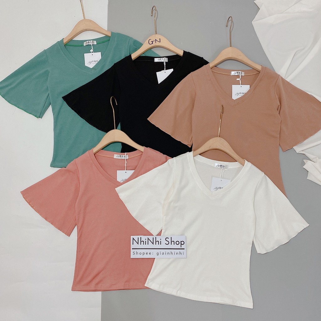 Áo thun kiểu tay loe cổ tim, Áo kiểu vải thun co giãn AS1059 - NhiNhi Shop