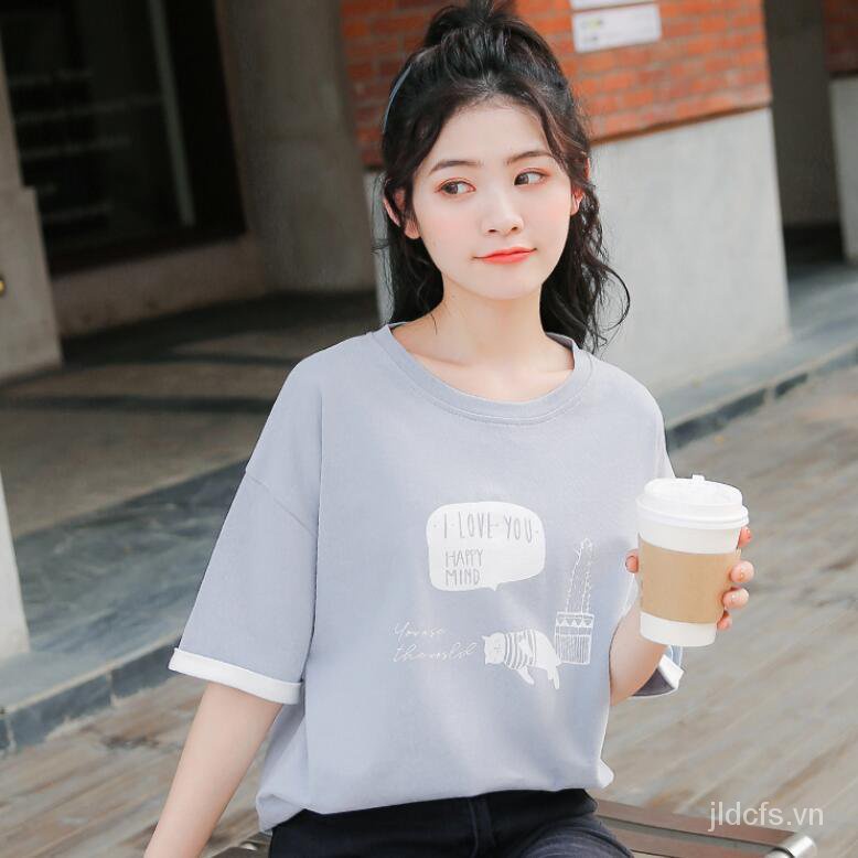 Áo thun cotton tay ngắn dáng rộng phong cách Hàn Quốc thời trang mùa hè mới cho nữ 2021