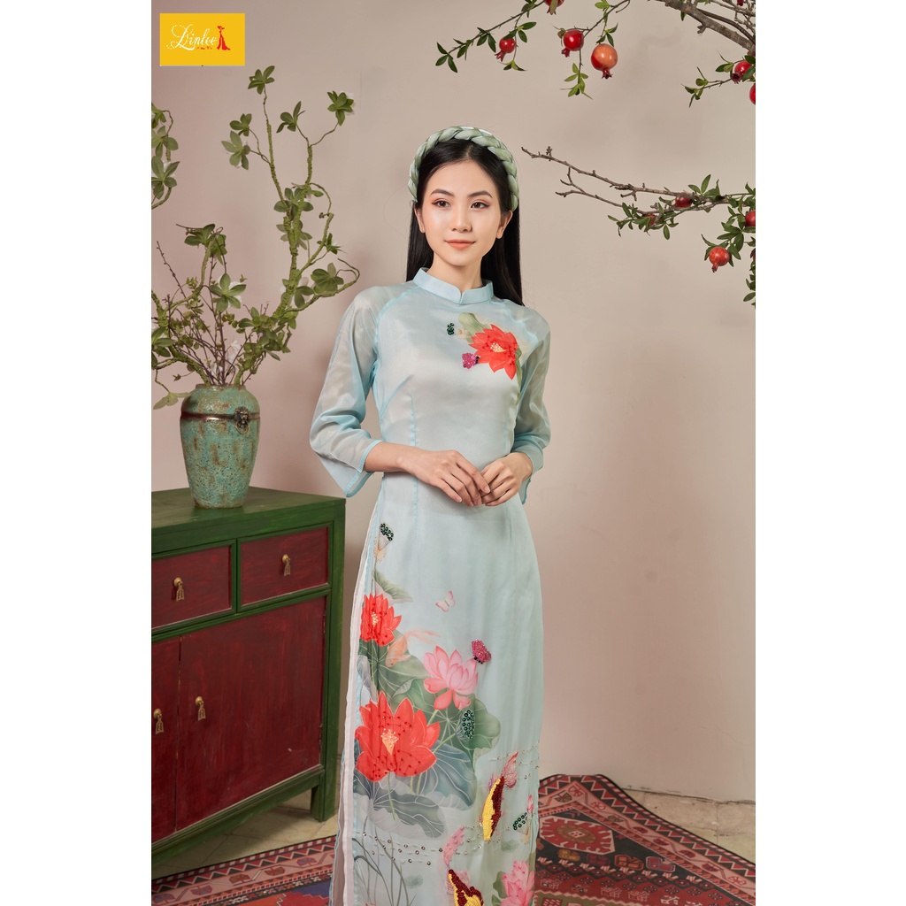Áo dài Cách tân LIIN cao cấp đẹp nhẹ nhàng hàng thiết kế kết hoa sen đặc sắc áo dài 4 tà size s m l xl