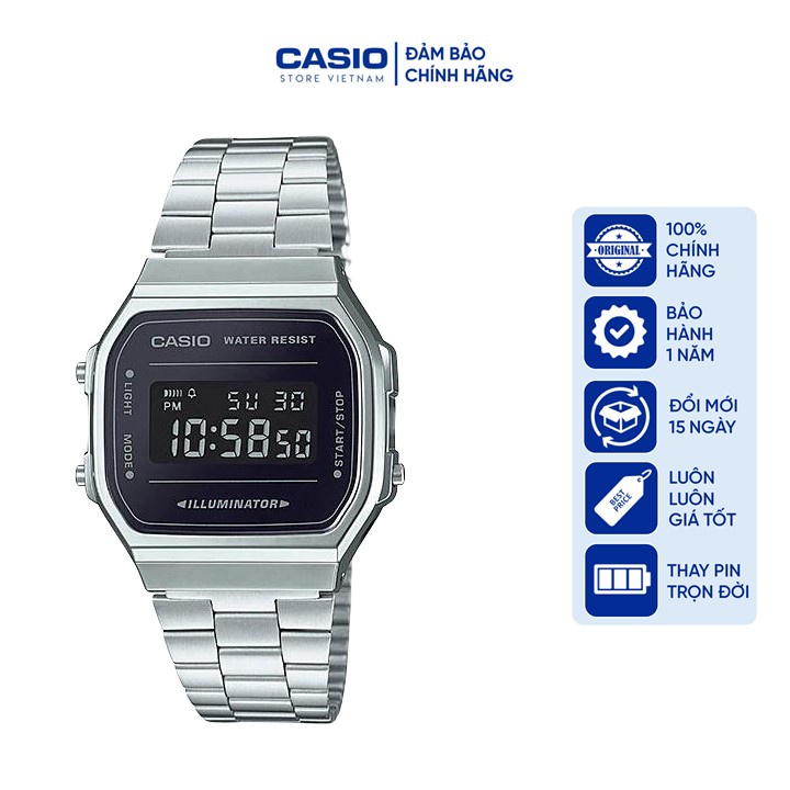 Đồng hồ Nam Nữ Casio chính hãng unisex A168WEM-1DF - Mới bạc mặt đen ánh tím