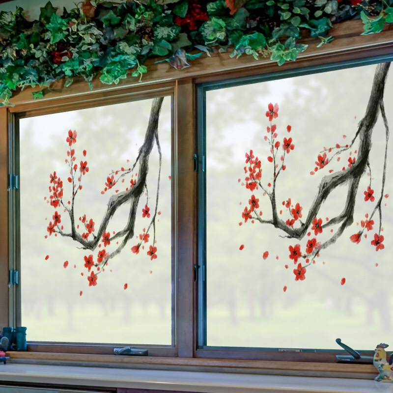 Decal dán kinh Cao Cấp - Cành hoa đỏ rực ( 60x58cm)