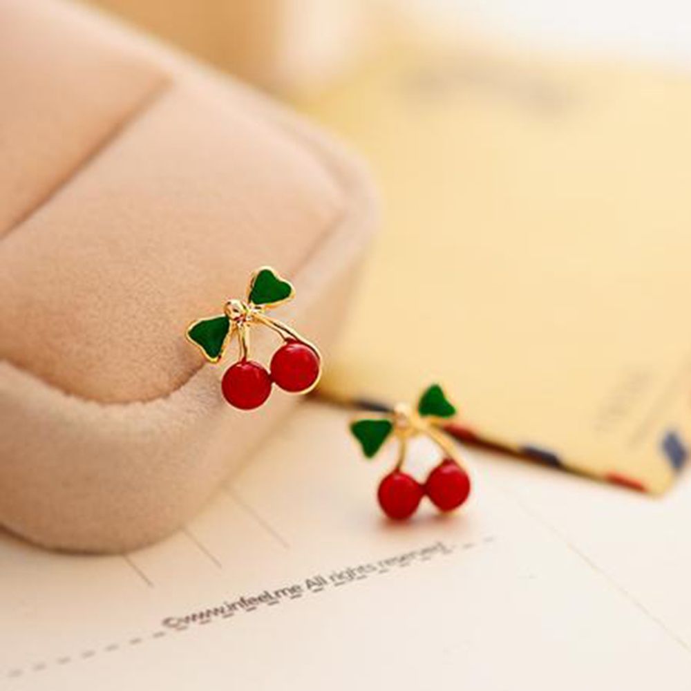 Khuyên Tai Hình Quả Cherry Đính Nơ Xinh Xắn Dành Cho Nữ