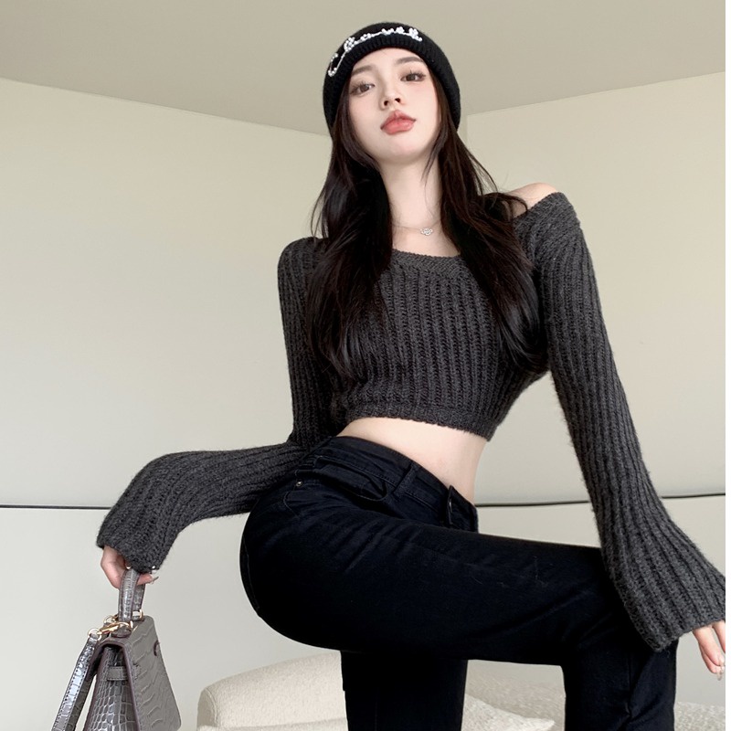 QKOOLE Áo Croptop Dệt Kim Tay Rộng Cổ Chữ V Phong Cách Thời Trang Hàn Quốc