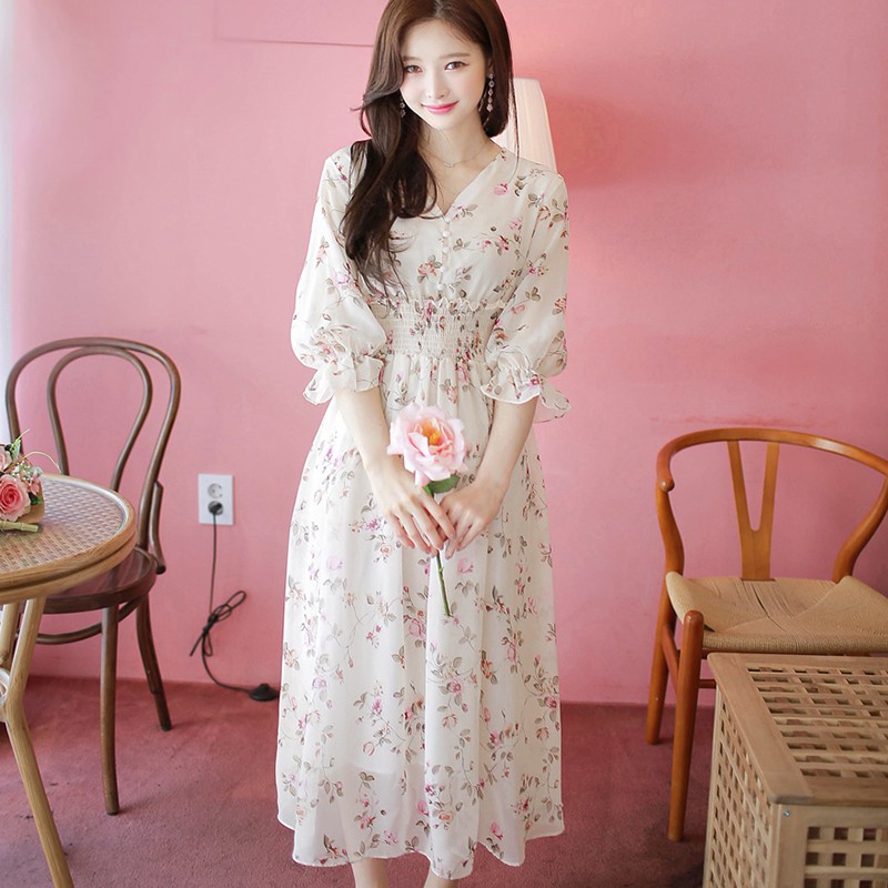 Đầm vintage hoa nhí dáng xòe cổ V chất vải chiffon đẹp - SKA