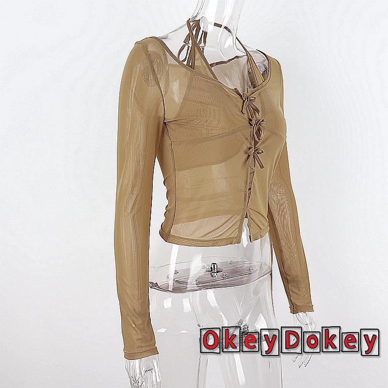 Áo Croptop Tay Dài Dáng Ôm Màu Trơn Phối Nơ Xuyên Thấu Gợi Cảm Cho Nữ