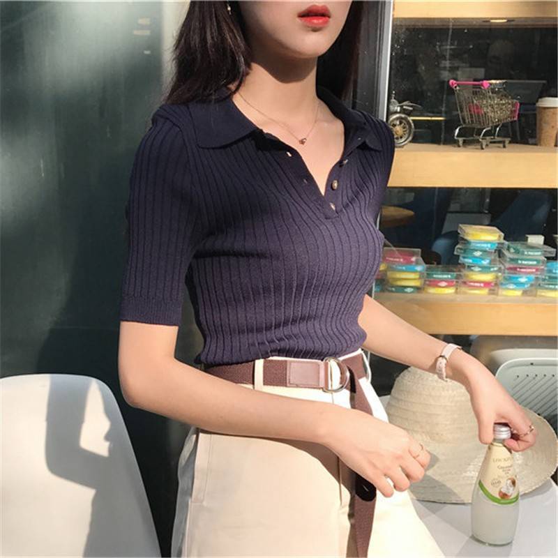 Áo polo Dệt Kim Tay Ngắn Phong Cách Phương Tây Dành Cho Nữ