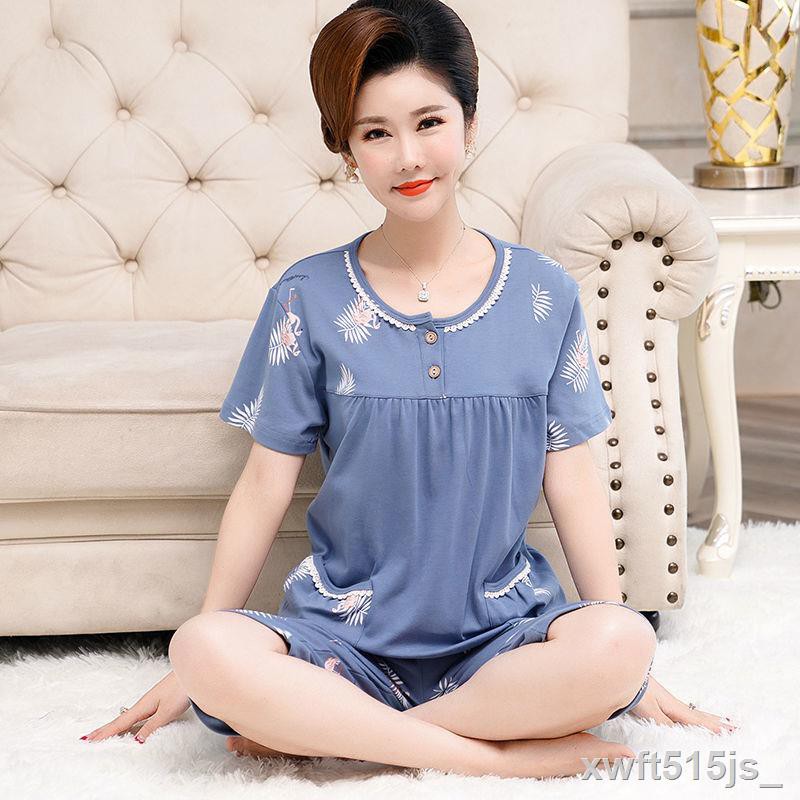 Đồ ngủ trung niên và cao tuổi, bà mẹ nữ, quần dài ngắn tay cotton mỏng, size bình trở lên cho người béo mm phục