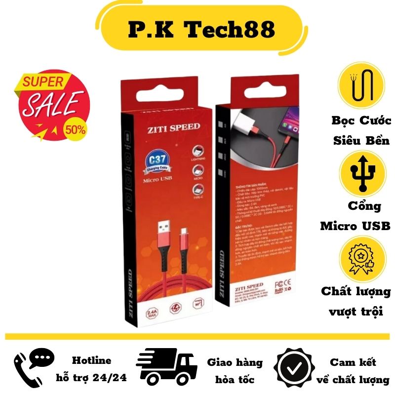 Dây sạc Bọc Cước, Cáp sạc cổng Micro USB thiết kế dây bện dù cho điện thoại androi ZT-C37