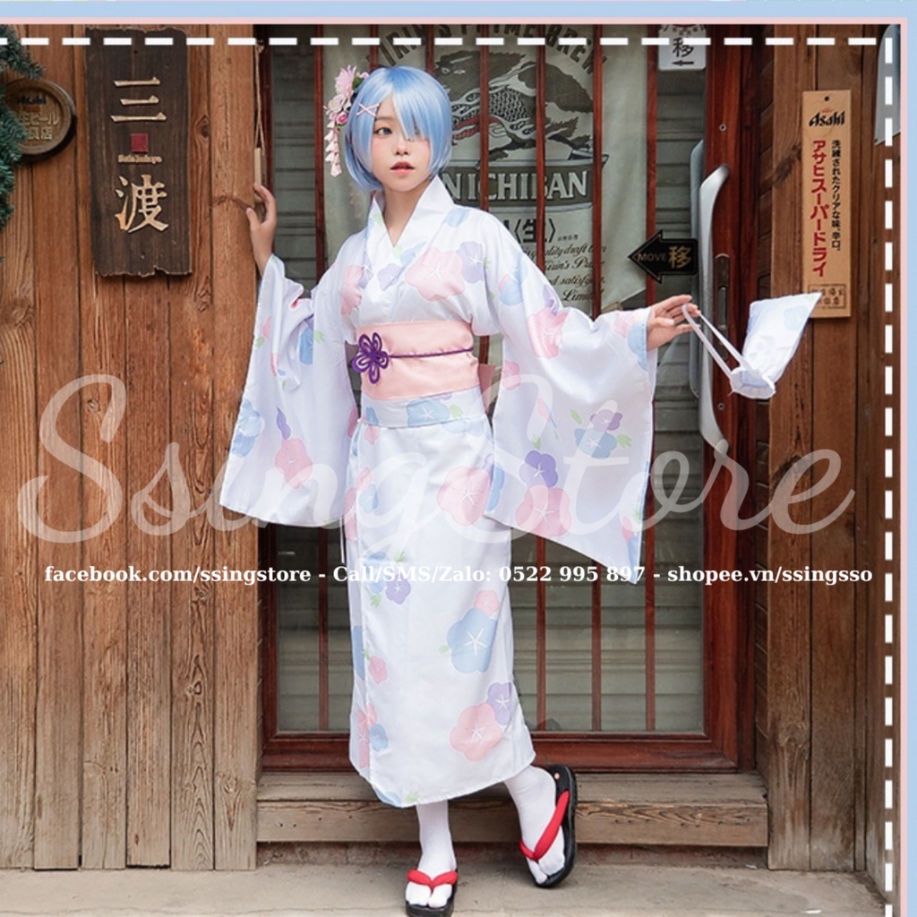 SSINGSTORE Set COSPLAY nhân vật Ram Rem trong anime Re Zero ver Kimono hoa anh đào Nhật Bản đáng yêu
