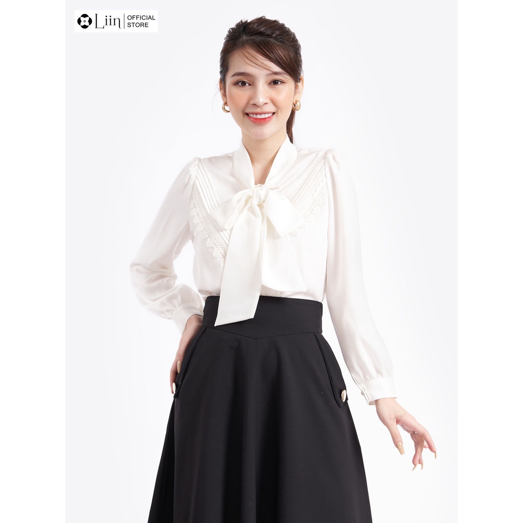 Áo kiểu nữ thiết kế dài tay màu trắng phối thắt nơ kiểu dáng trẻ trung, sành điệu Liin Clothing SM4010