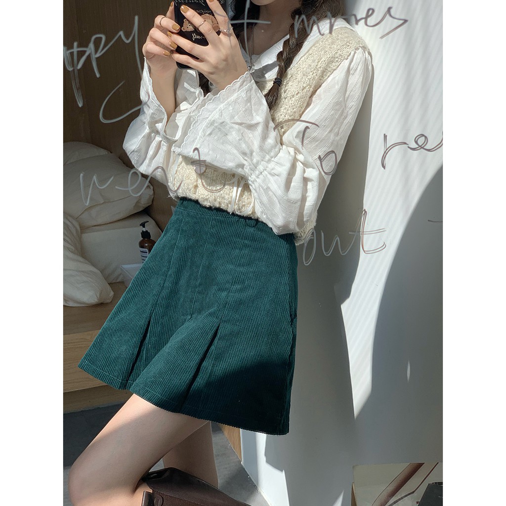 Cocory vn Chân Chân Váy Ngắn Lưng Cao Xếp Ly Kiểu Vintage Thiết Kế Đơn Giản Dễ Phối Đồ