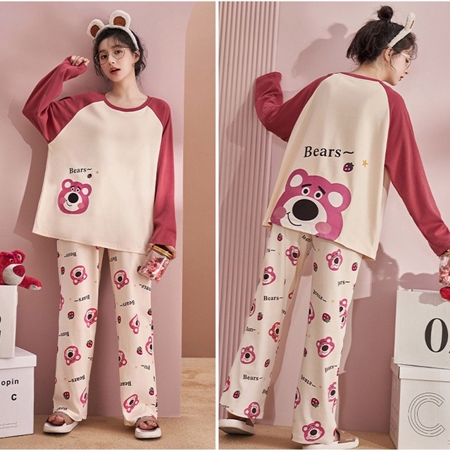 Bộ Đồ Ngủ Tay Dài Dáng Rộng In Hoạt Hình Gấu Dâu Tây Dễ Thương Thời Trang Mùa Thu Cho Nữ