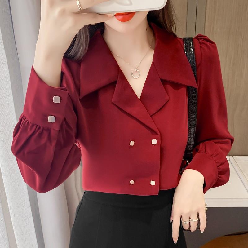 Áo Sơ Mi Tay Phồng Phối Hai Hàng Nút Thời Trang Mùa Thu Cho Nữ