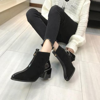 Giày Bốt Nữ Da Lộn Viền Da Gót Vuông cao 5cm