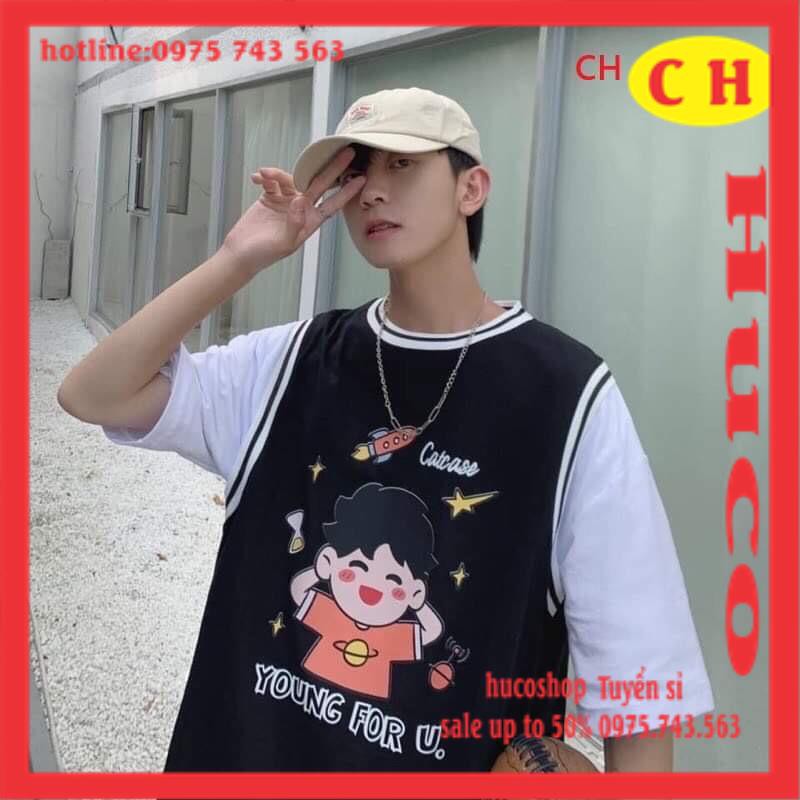 [MÃ HUCOPA011 GIẢM 5000 đơn 299k] áo thun kiểu phối tay hình cậu bé Young chất cotton form rộng nam nữ unisex freesize | BigBuy360 - bigbuy360.vn