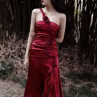 M175 - Váy lụa Ulzzang cúp ngực body phối tơ hoa hồng xẻ tà dự tiệc hấp dẫn