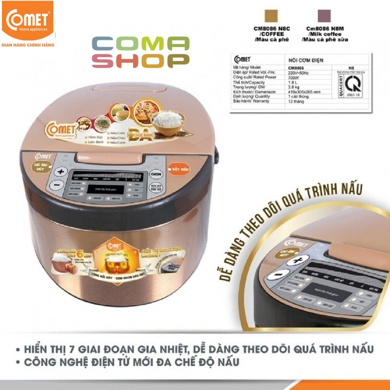 CM8086N8 - NỒI CƠM ĐIỆN TỬ NẮP GÀI 3D COMET 1.8L (5-6 NGƯỜI ĂN) BẢO HÀNH CHÍNH HÃNG 12 THÁNG