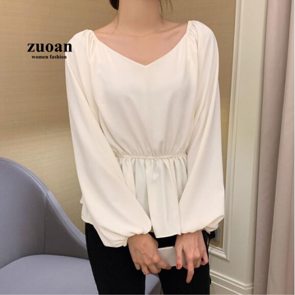 SUXI Áo Sơ Mi Tay Dài Cổ Chữ V Màu Trơn Thiết Kế Đơn Giản Phong Cách Hàn Quốc