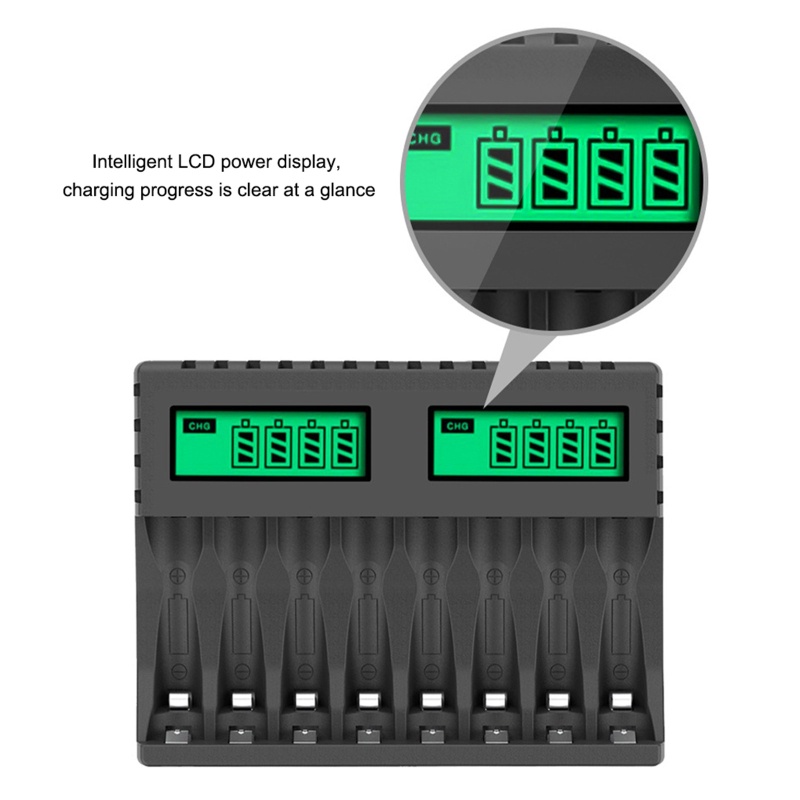 Cục Sạc Pin Thông Minh 8 Khe Cắm Có Màn Hình LCD Cho Pin AA / AAA