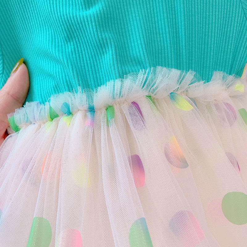 Đầm Công Chúa Giả Hai Lớp Phối Lưới Chấm Bi Thời Trang Mùa Hè Hàn Quốc 2023 Mới Cho Bé