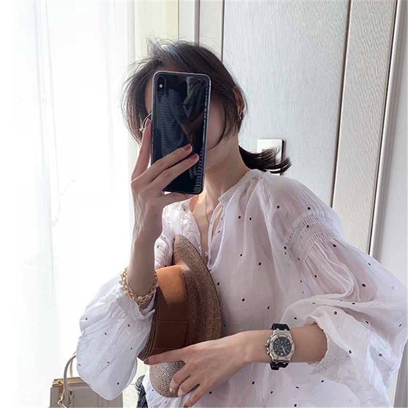 Áo kiểu tay dài họa tiết chấm bi dễ thương dành cho nữ