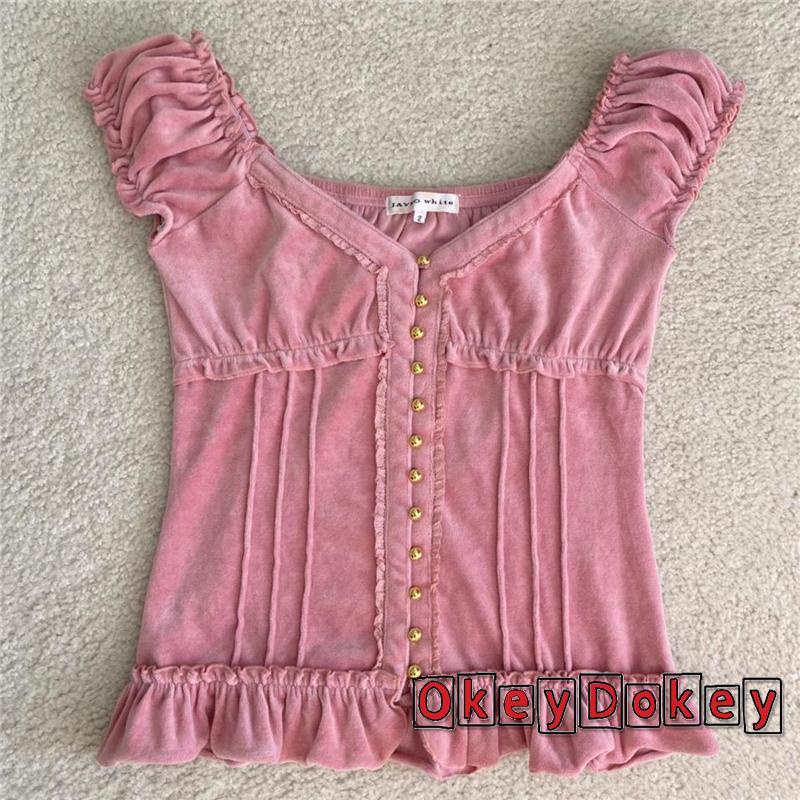 Áo Crop Top Cổ Vuông Tay Ngắn Phong Cách Cổ Điển Thời Trang Cho Nữ OKDK-y2k