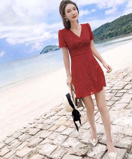 Đầm bi đỏ rối bo eo cổ V, váy noel, váy tết, váy du lịch (kèm hình thật)