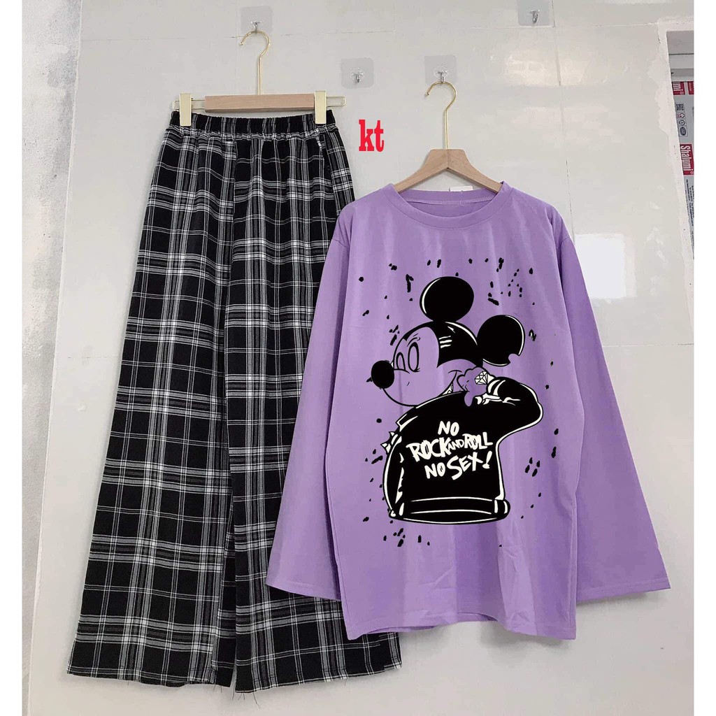 Sét áo micky + quần kẻ ống rộng KTH1120