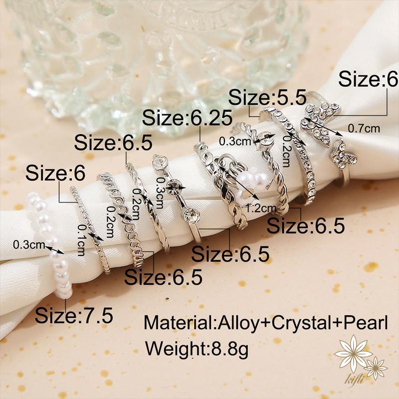 Set 9 nhẫn bạc ngọc trai pha lê thanh lịch Bộ nhẫn mỏng rỗng cho nữ phụ kiện trang sức
