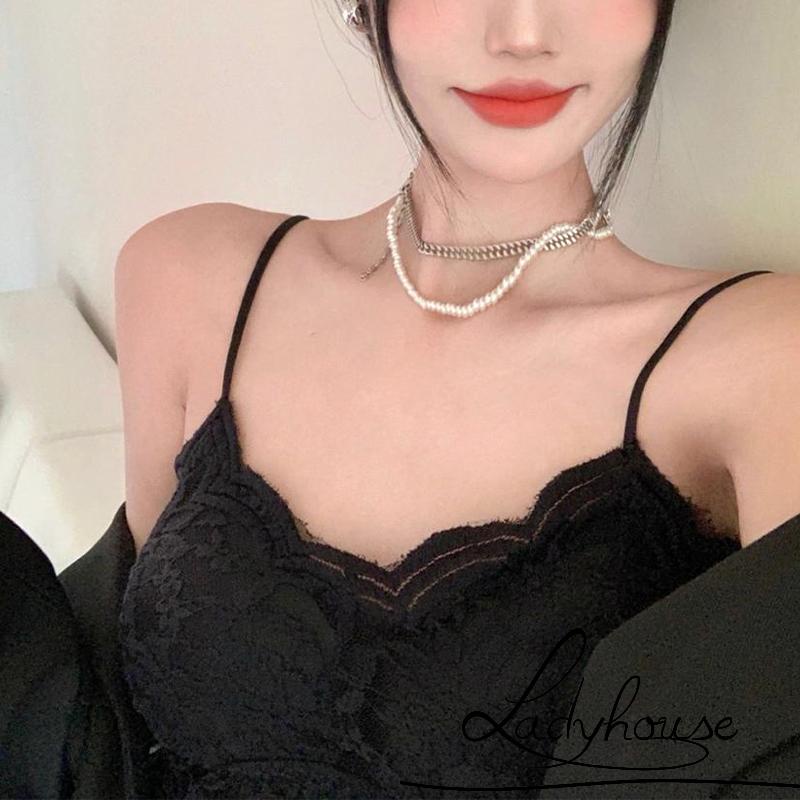 Áo Lót Bralette Hai Dây Có Mút Đệm Phối Ren Màu Trắng/Đen Dành Cho Nữ