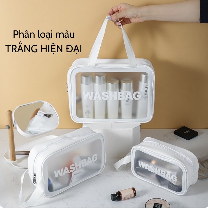Túi đựng mỹ phẩm trong suốt cao cấp Washbag, túi đựng đồ du lịch đa năng 3 màu đen hồng trắng TDM01