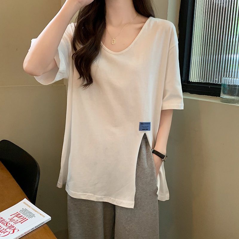 Áo Thun Tay Ngắn Cổ Chữ v Form Rộng Thiết Kế Xẻ Tà Phong Cách Mới